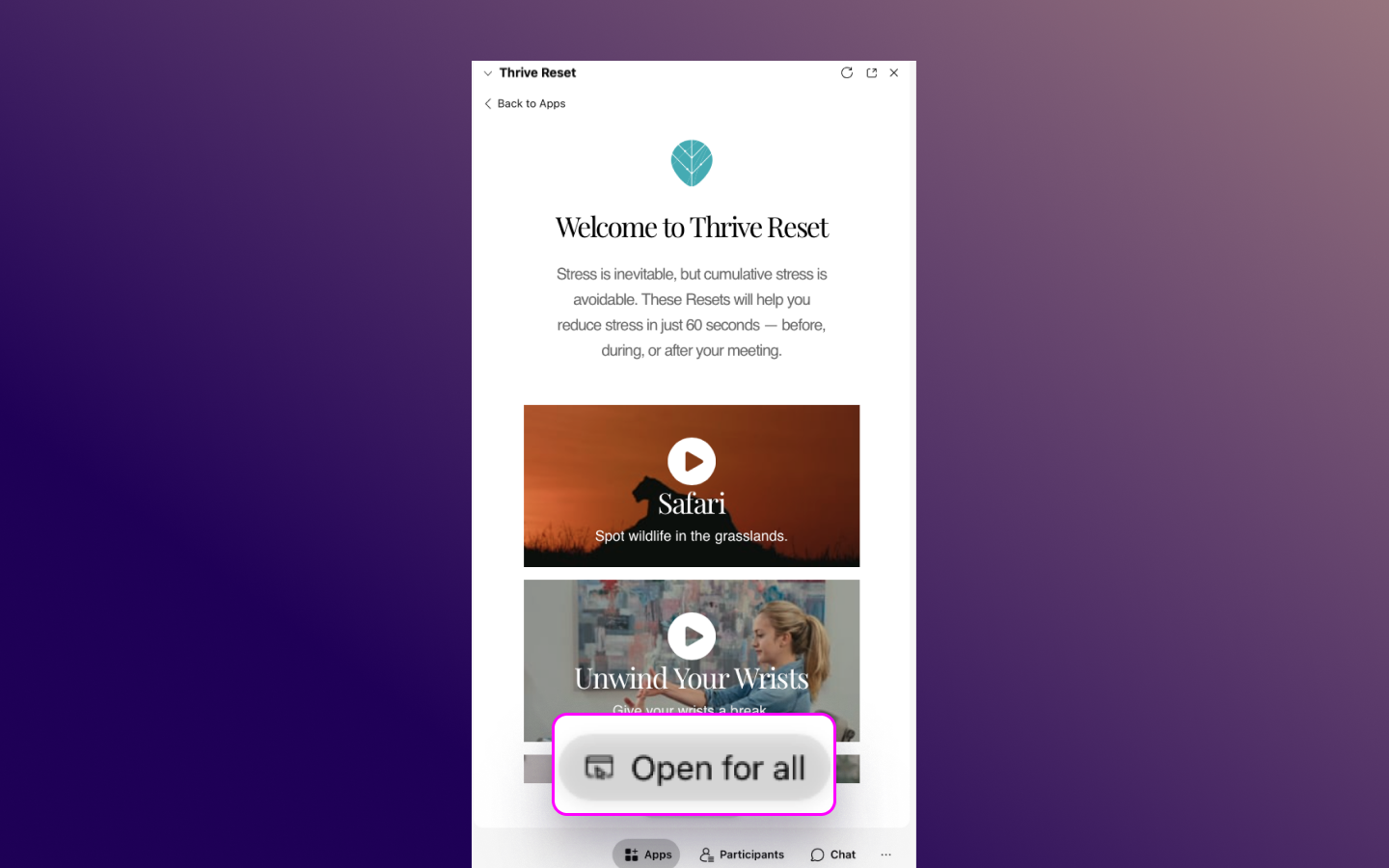 Thrive's Reset App in Webex Thrive Global FAQ